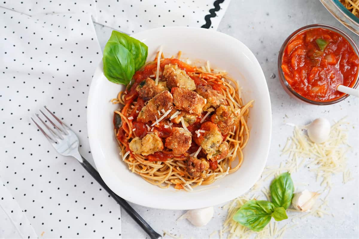 Tasty Air Fried Eggplant Pasta Tasty Air Fried Eggplant Pasta with Zesty Marinara sauce and parmesan cheese.